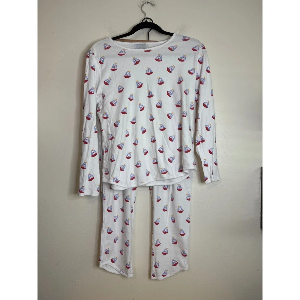 Little English Kids White Sailboat Print Cotton Pajama Set Size L Nautical PJs